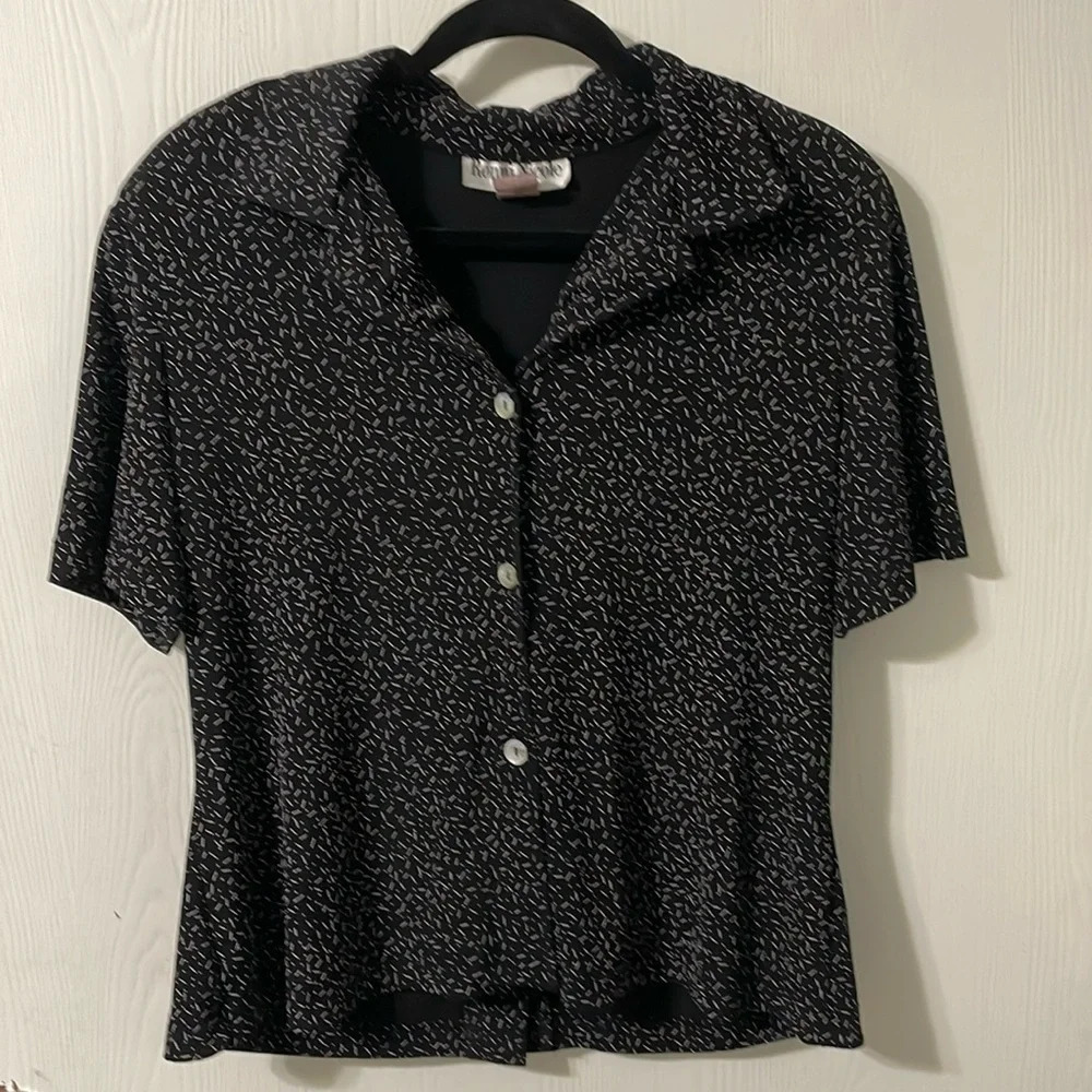 💰Vintage Ronni Nicole black & white button down with shoulder pads sz large (16)
